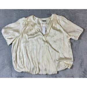 Ann Taylor Satin Wrap Blouse Cream Short Sleeve Elastic Hem Size M NWT